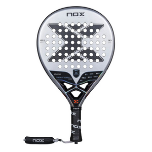 Silver Nox padel tennis racket on a white background.