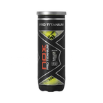 Tube of NOX Pro Titanium padel tennis balls on a white background.