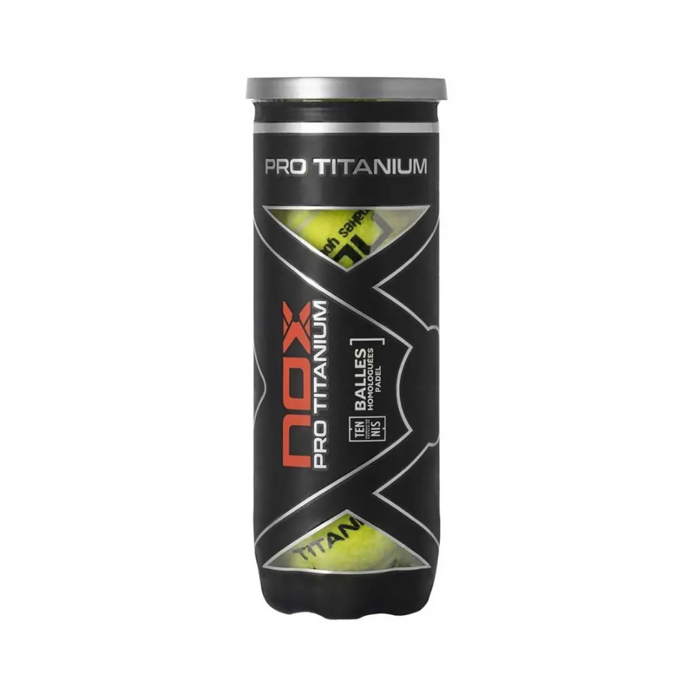Tube of NOX Pro Titanium padel tennis balls on a white background.