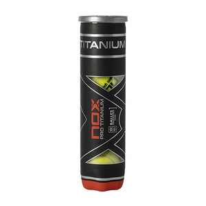 Tube of NOX Pro Titanium padel tennis balls on a white background