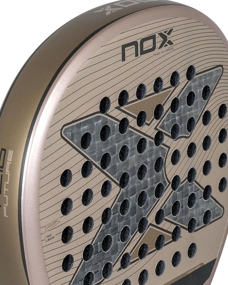 The face of a gold Nox Future padel racket on a white background.