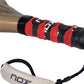 The handle of a gold Nox Future padel racket on a white background.