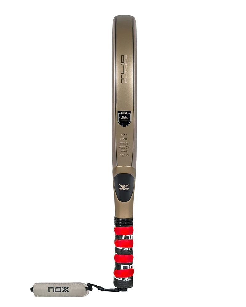 The side of a gold Nox Future padel racket on a white background.