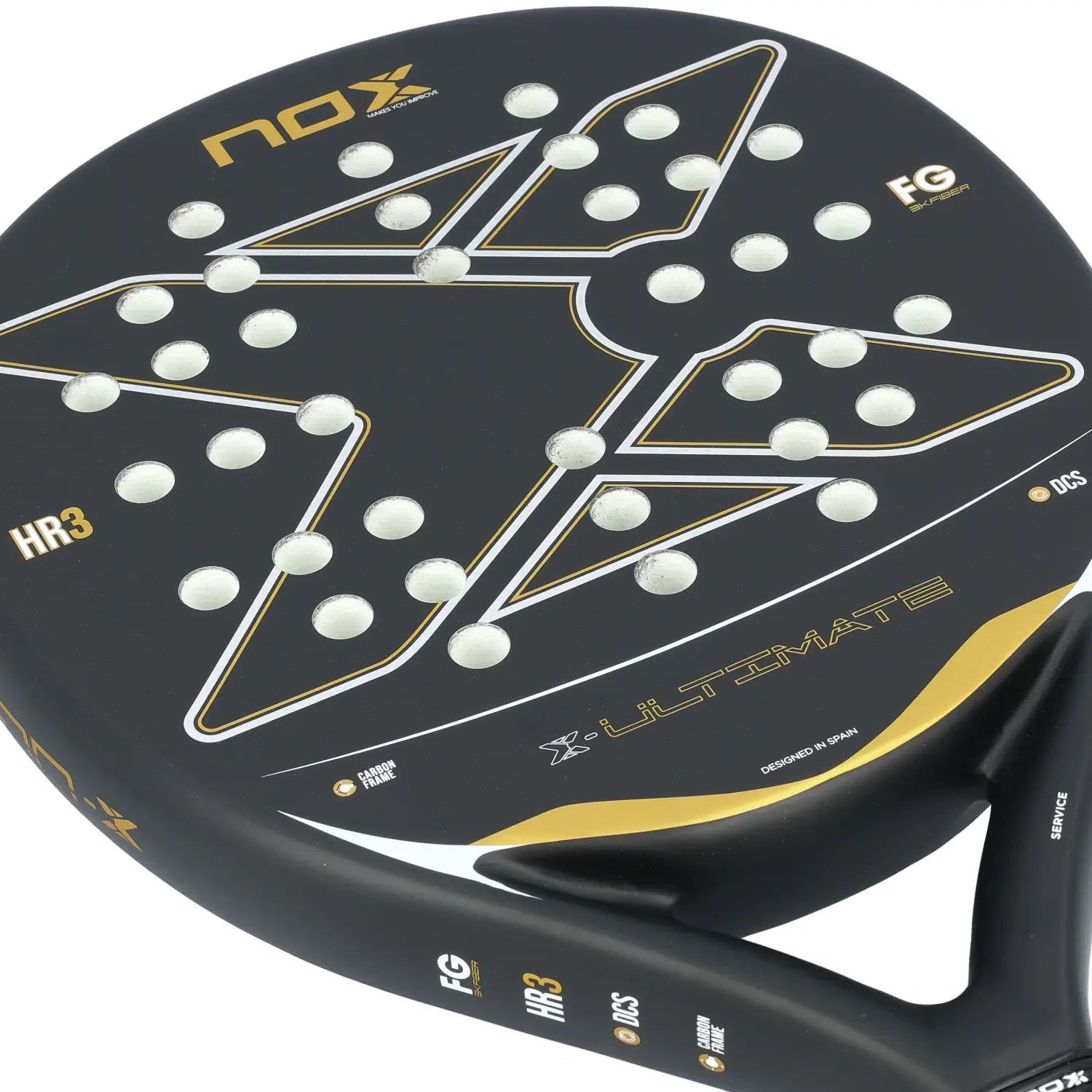 The face of a black and gold Nox Ultimate padel racket on a white background.