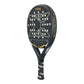 A black and gold Nox Ultimate padel racket on a white background.