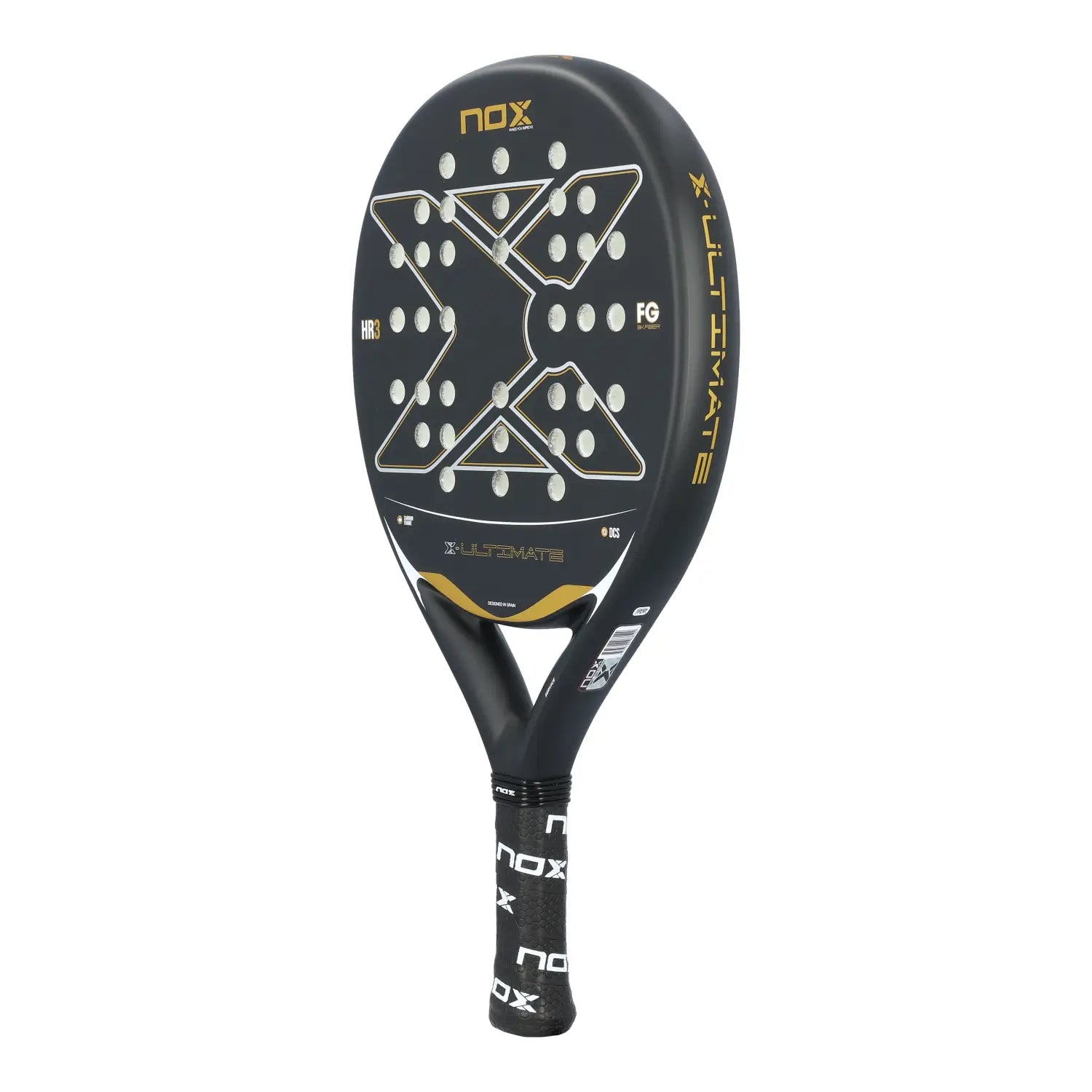 A black and gold Nox Ultimate padel racket on a white background.