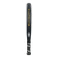 The side of a black and gold Nox Ultimate padel racket on a white background.