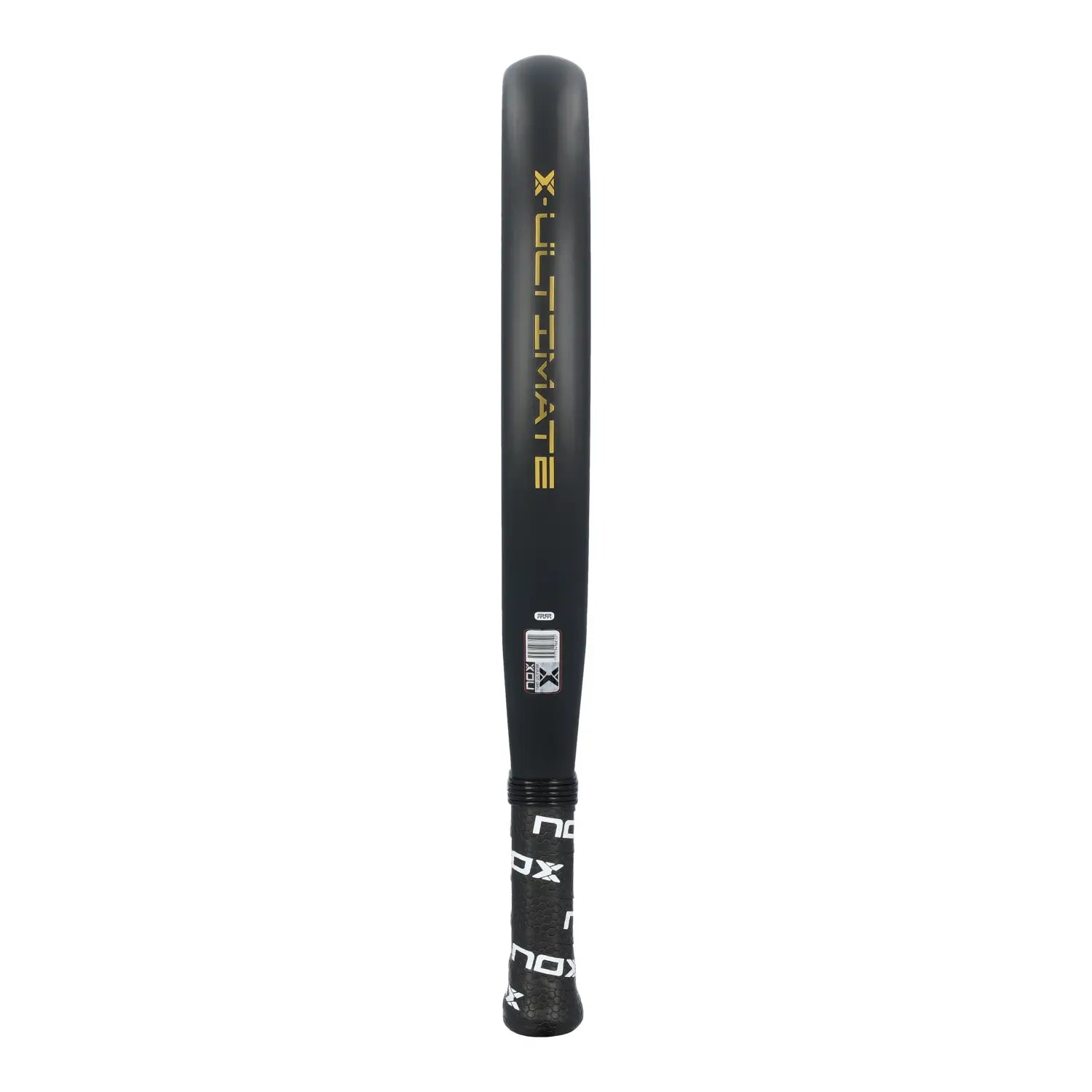 The side of a black and gold Nox Ultimate padel racket on a white background.