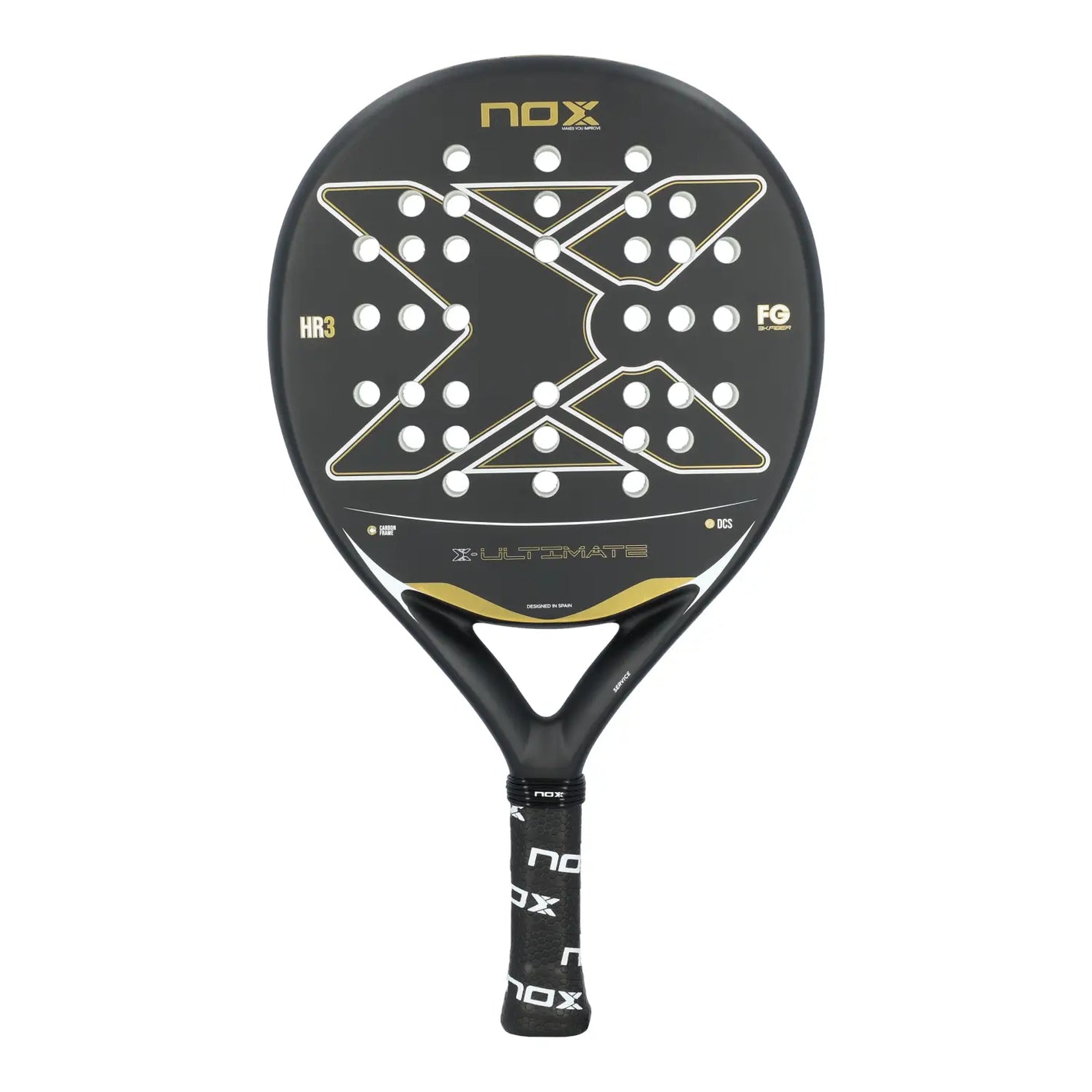A black and gold Nox Ultimate padel racket on a white background.