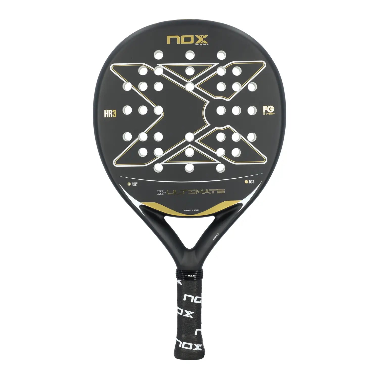 A black and gold Nox Ultimate padel racket on a white background.