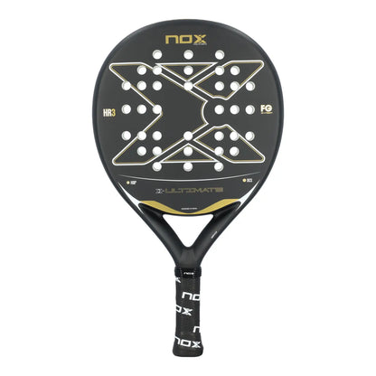 A black and gold Nox Ultimate padel racket on a white background.