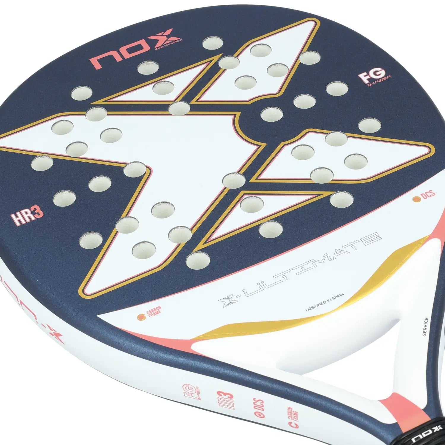The face of a blue and pink Nox Ultimate padel racket on a white background.