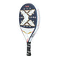 A blue and pink Nox Ultimate padel racket on a white background.