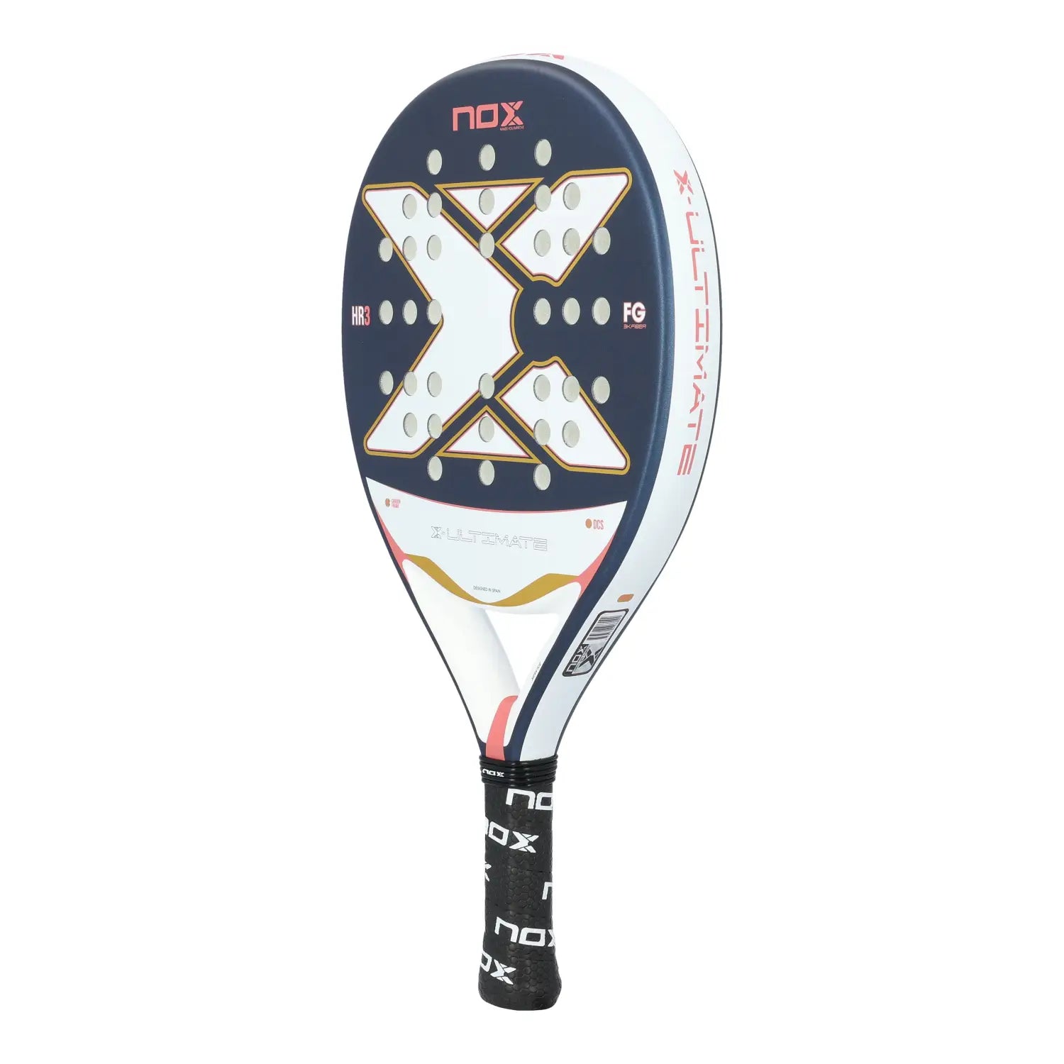 A blue and pink Nox Ultimate padel racket on a white background.