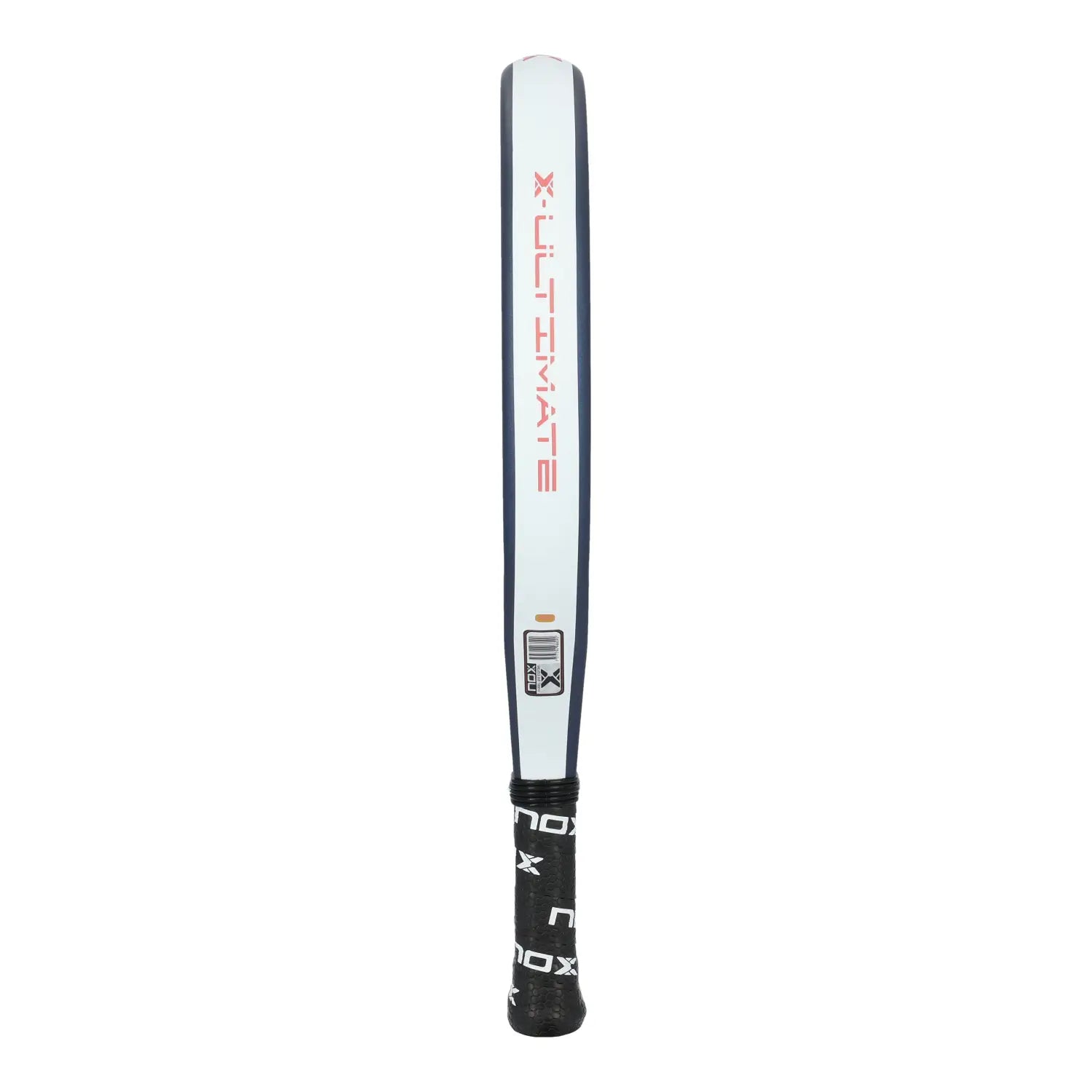 The side of a blue and pink Nox Ultimate padel racket on a white background.