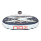 The top of a blue and pink Nox Ultimate padel racket on a white background.