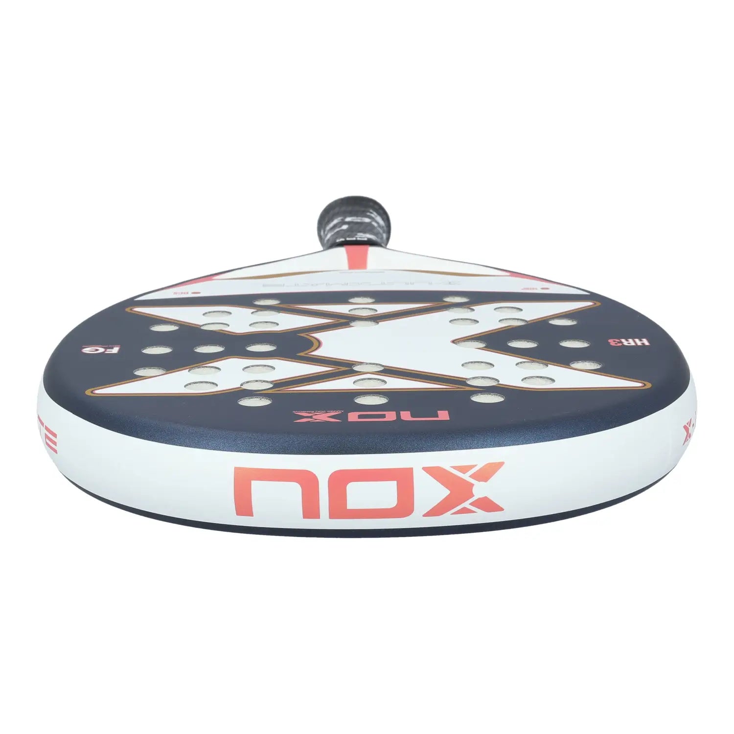 The top of a blue and pink Nox Ultimate padel racket on a white background.