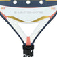A close up of a blue and pink Nox Ultimate padel racket on a white background.