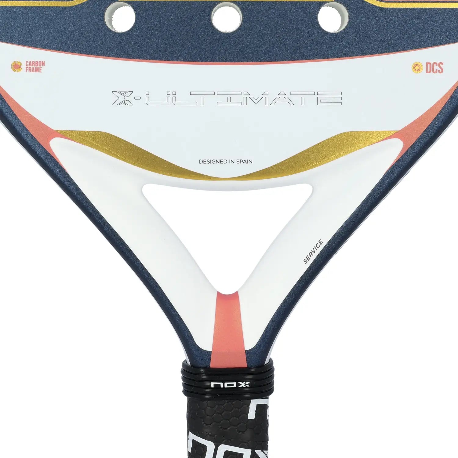 A close up of a blue and pink Nox Ultimate padel racket on a white background.