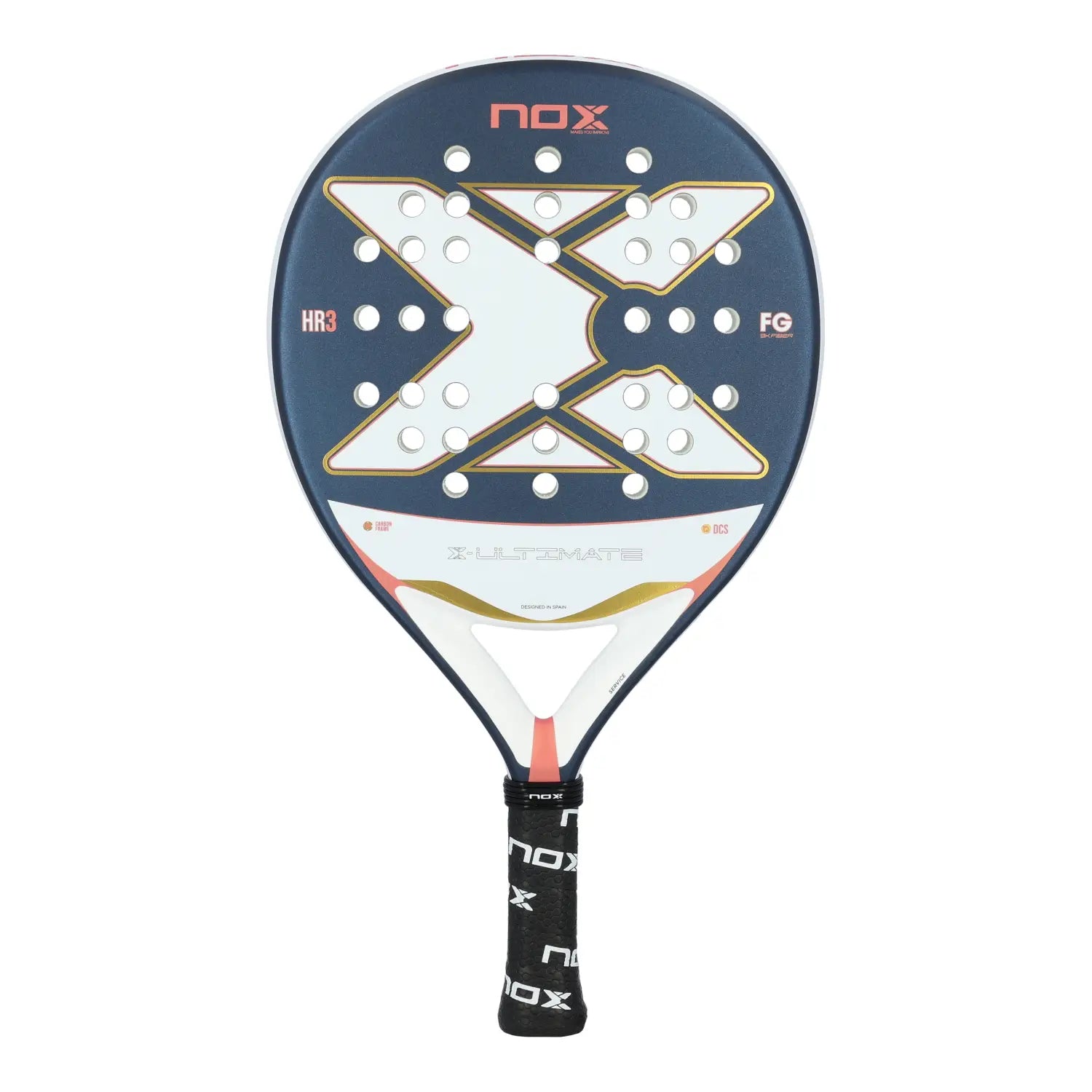 A blue and pink Nox Ultimate padel racket on a white background.