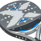 The face of a grey and blue Nox Ultimate padel racket on a white background.