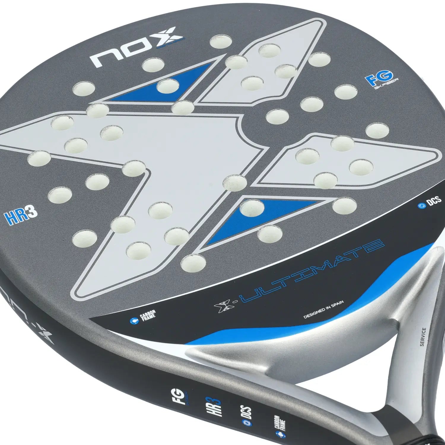 The face of a grey and blue Nox Ultimate padel racket on a white background.
