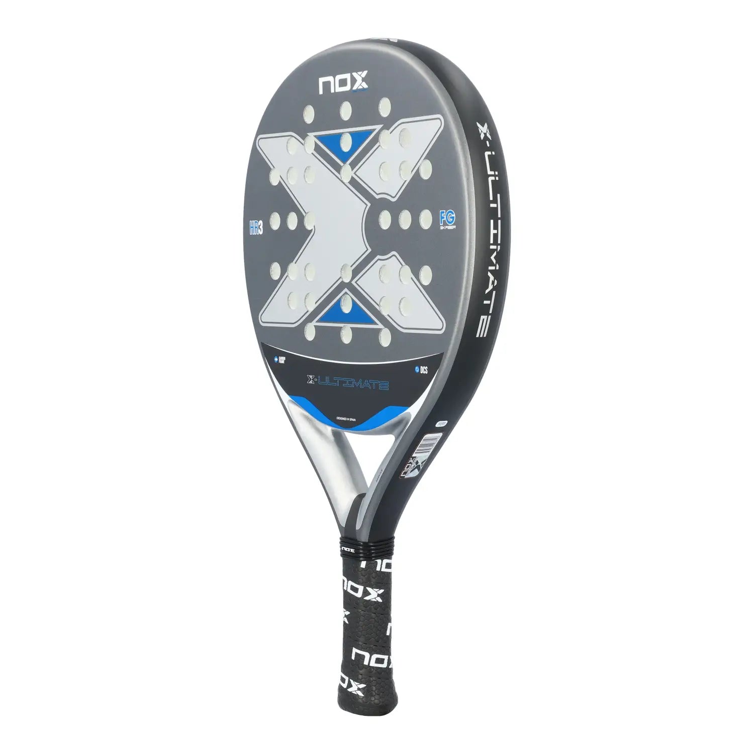 A grey and blue Nox Ultimate padel racket on a white background.