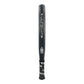 The side of a grey and blue Nox Ultimate padel racket on a white background.
