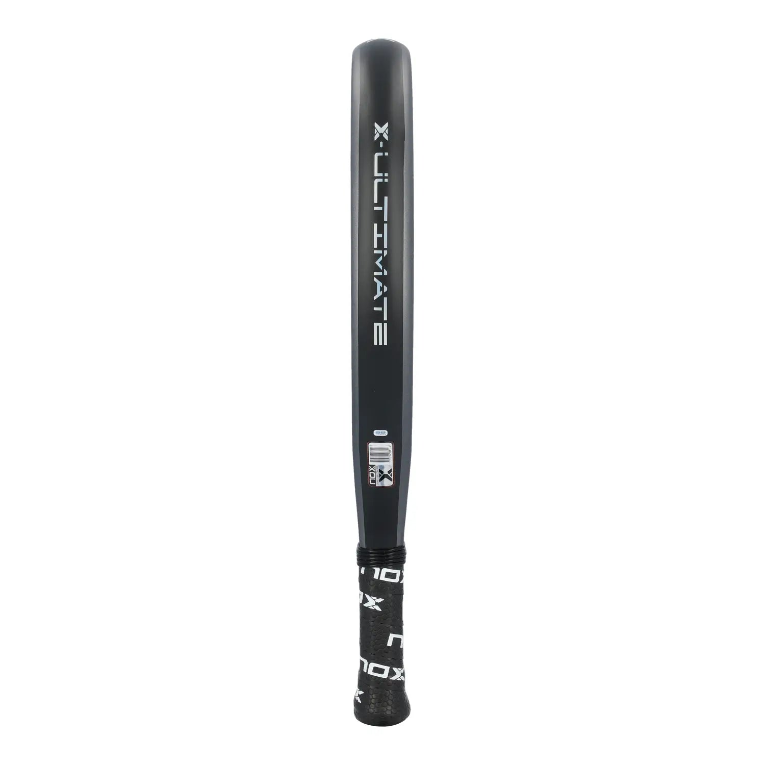 The side of a grey and blue Nox Ultimate padel racket on a white background.