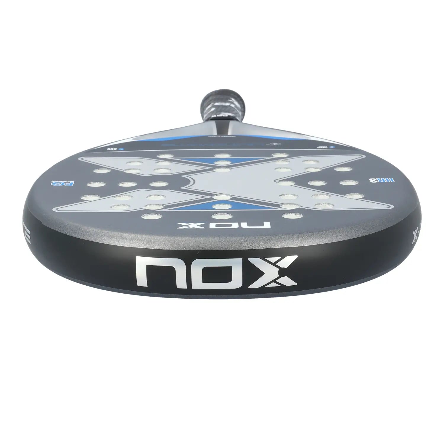 The top of a grey and blue Nox Ultimate padel racket on a white background.