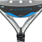 A close up of a grey and blue Nox Ultimate padel racket on a white background.