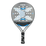 A grey and blue Nox Ultimate padel racket on a white background.