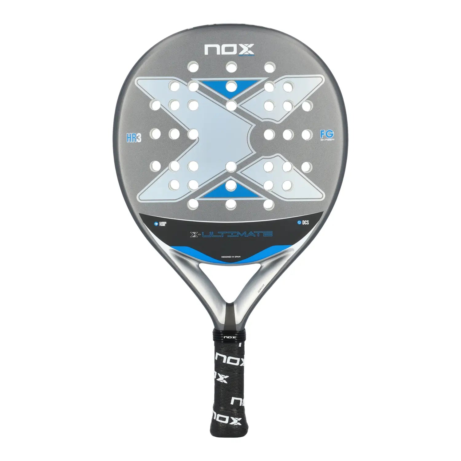 A grey and blue Nox Ultimate padel racket on a white background.