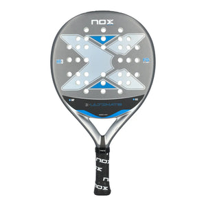 A grey and blue Nox Ultimate padel racket on a white background.