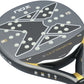 The face of a grey and gold Nox Ultimate padel racket on a white background.