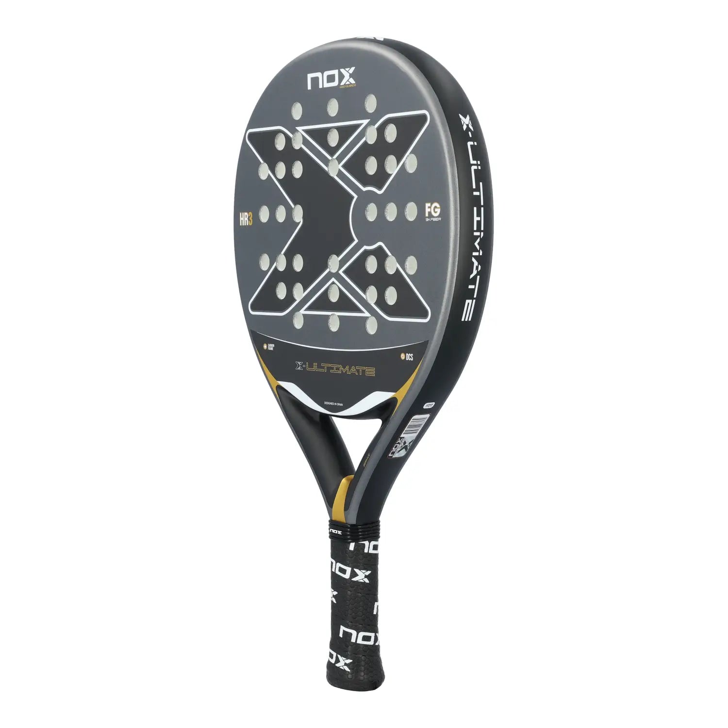 A grey and gold Nox Ultimate padel racket on a white background.