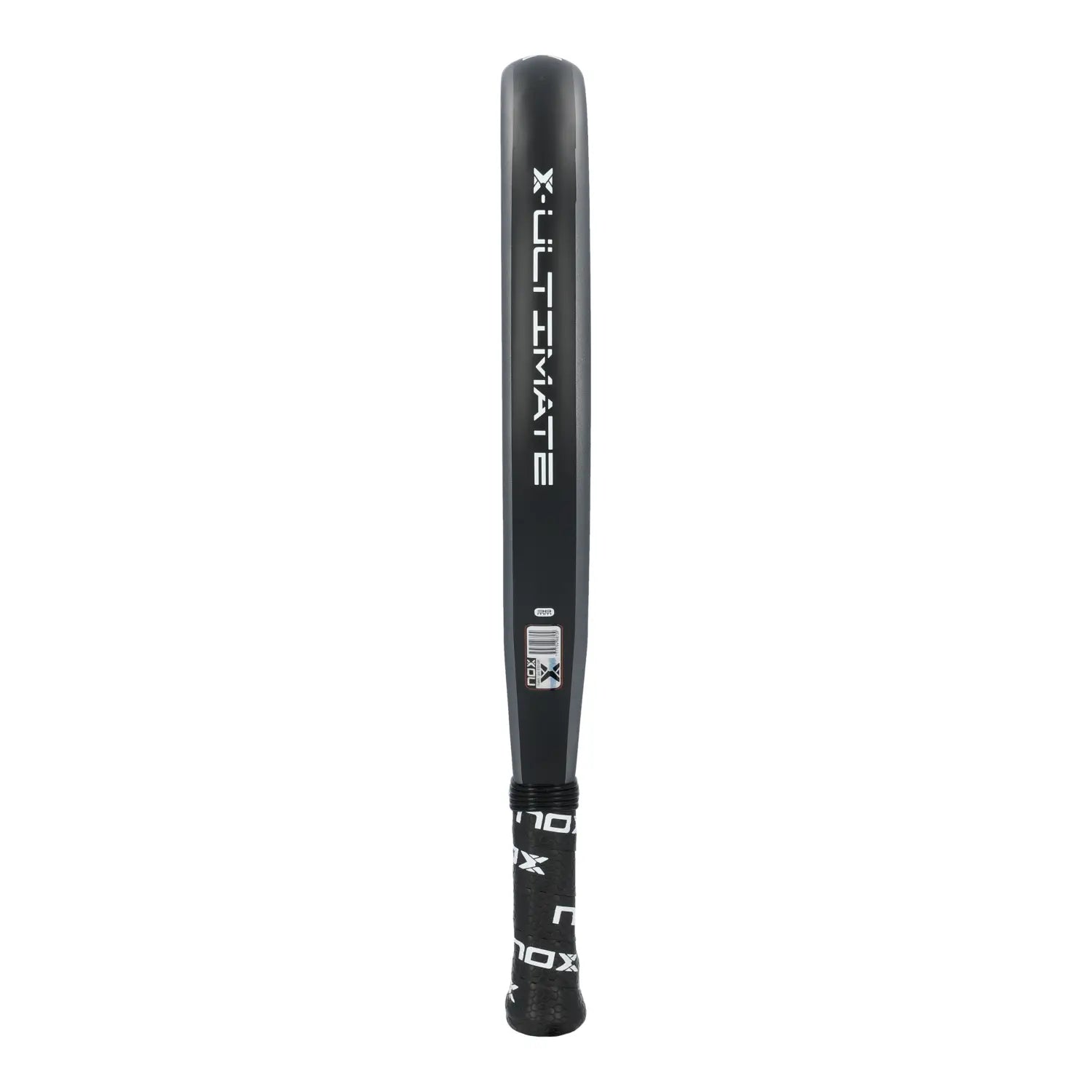 The side of a grey and gold Nox Ultimate padel racket on a white background.