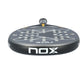 The top of a grey and gold Nox Ultimate padel racket on a white background.