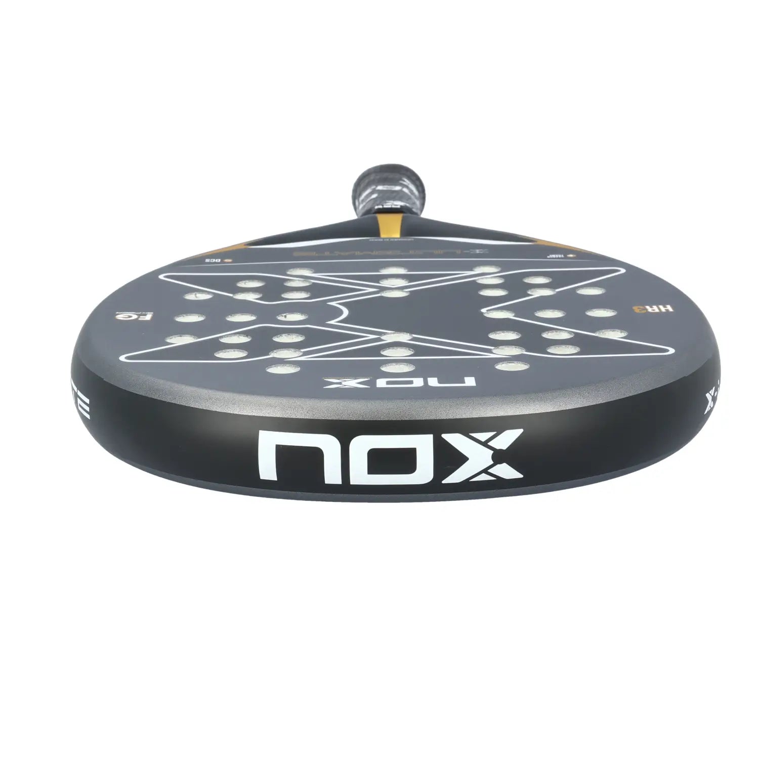 The top of a grey and gold Nox Ultimate padel racket on a white background.