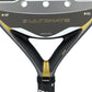 A close up of a grey and gold Nox Ultimate padel racket on a white background.