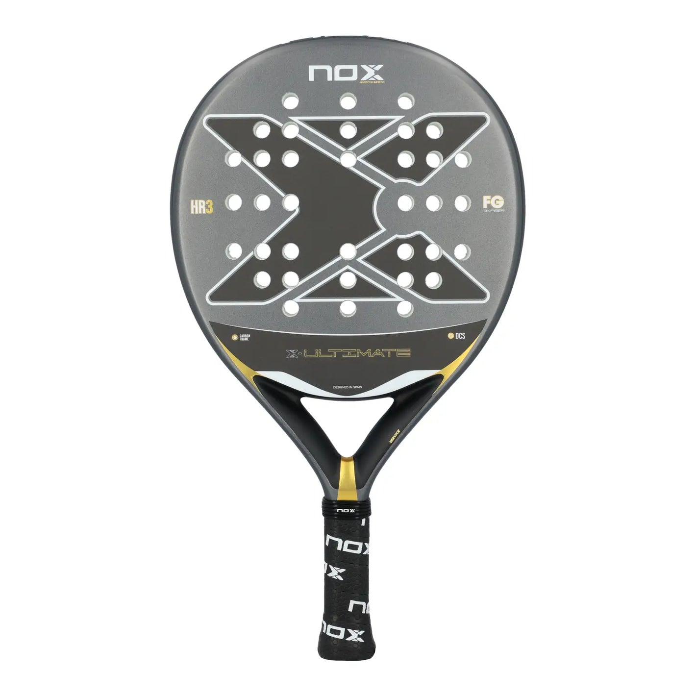 A grey and gold Nox Ultimate padel racket on a white background.