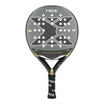 A grey and gold Nox Ultimate padel racket on a white background.
