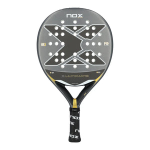 A grey and gold Nox Ultimate padel racket on a white background.
