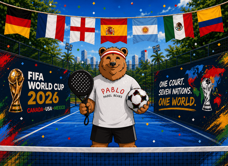 Pablo the Padel Bears mascot on a blue padel tennis court, holding a racket and a football to celebrate the 2026 Fifa World Cup range by Adidas.