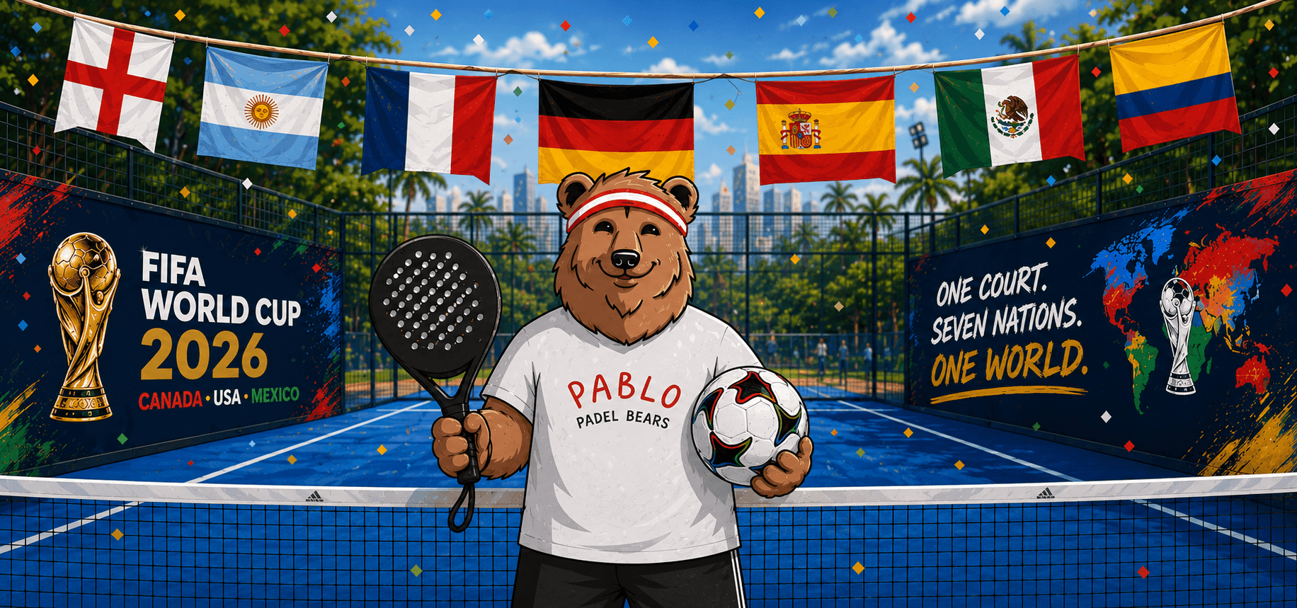 Pablo the Padel Bears mascot on a blue padel tennis court, holding a racket and a football to celebrate the 2026 Fifa World Cup range by Adidas.