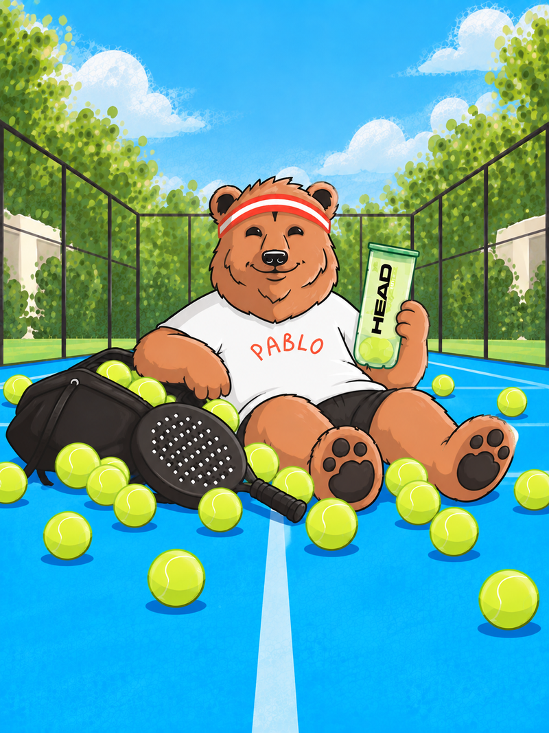 Pablo the Padel Bears mascot on a blue padel tennis court surrounded by HEAD Padel One balls.