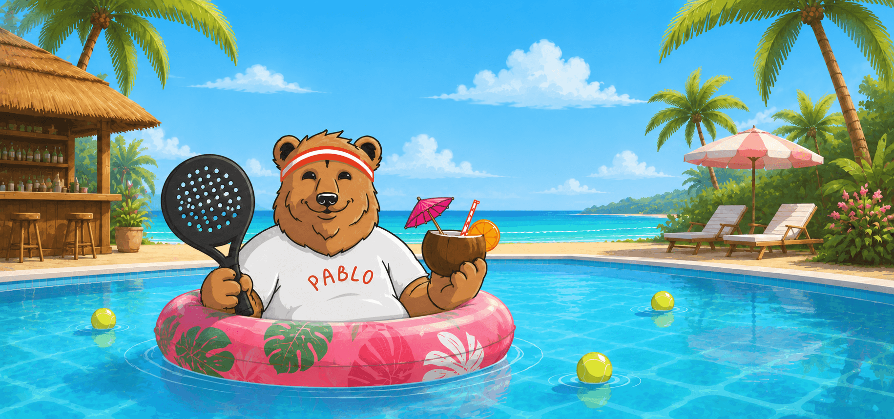 Pablo the Padel Bears mascot in a swimming pool holding a padel racket and a coconut.