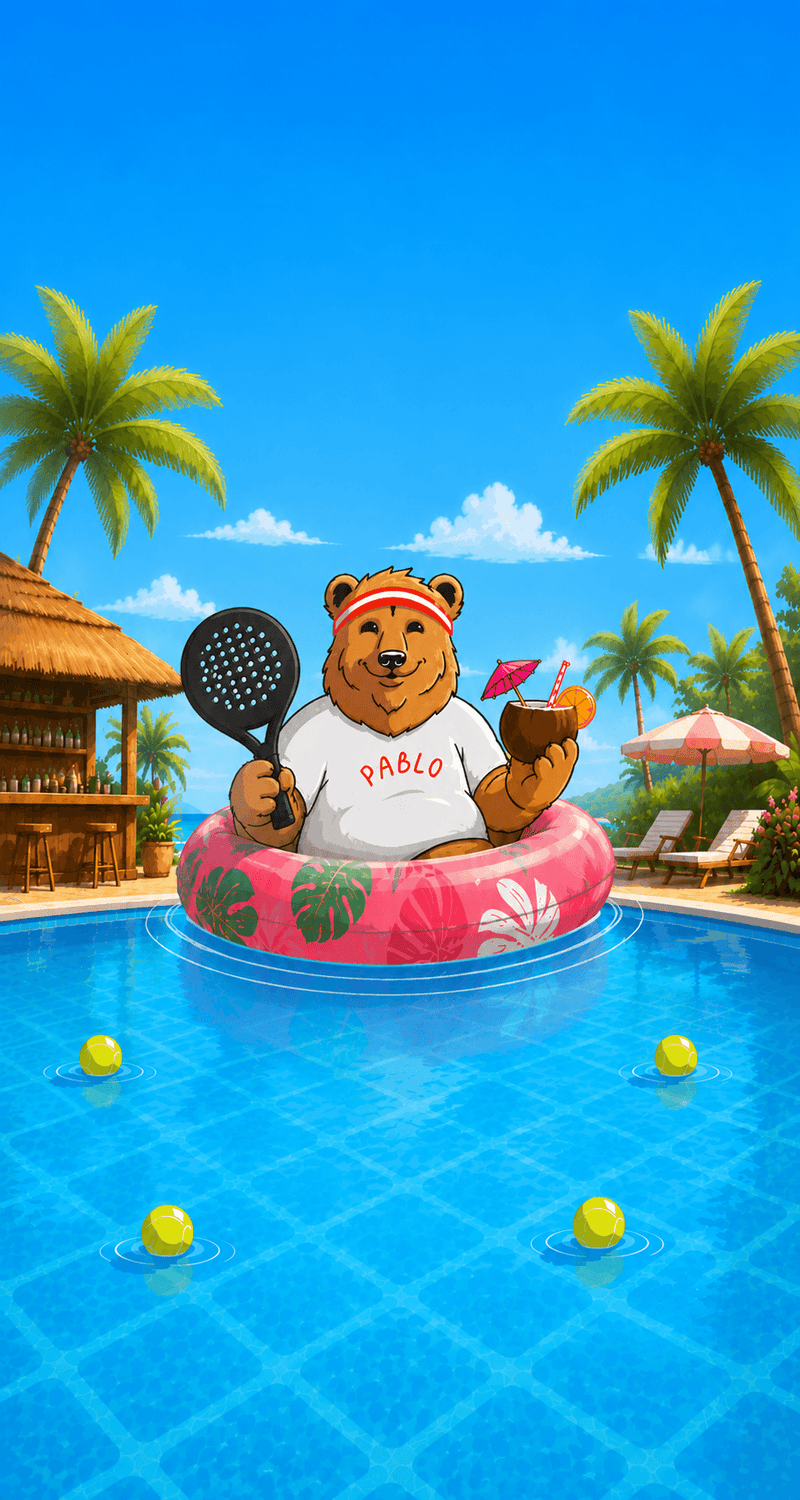 Pablo the Padel Bears mascot in a swimming pool holding a padel racket and a coconut.