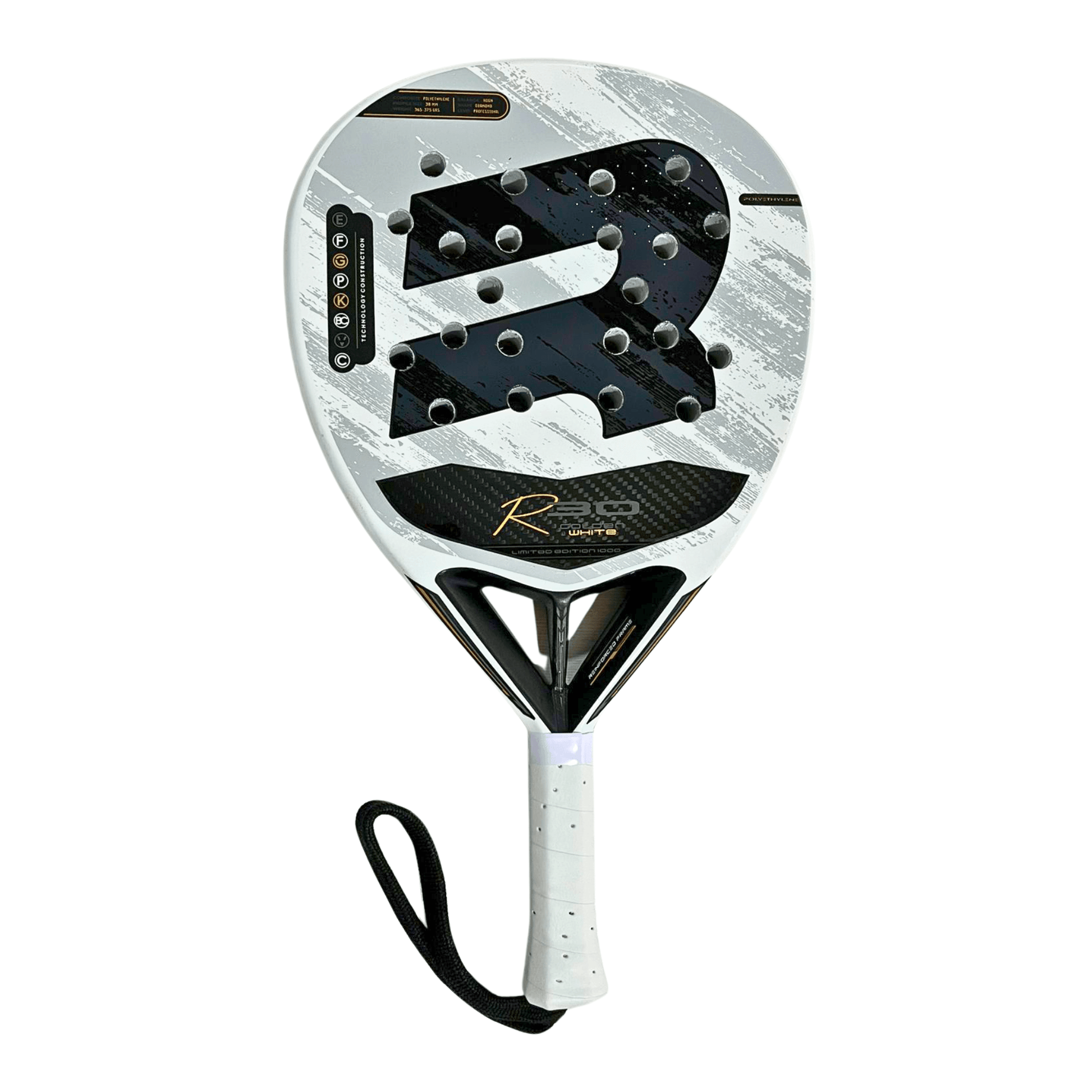 Royal Padel racket with white gold branding on a white background