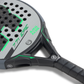 Close up of a grey Royal Padel Efe Extreme padel racket with green and black branding on a white background.